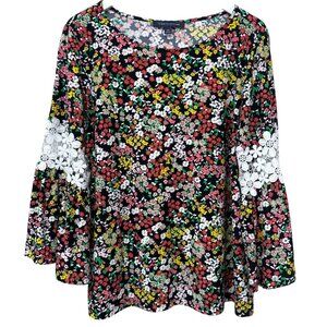 TOMMY HILFIGER Floral Stretch Top Plus Size 0X Black Stretch Daisy Lace Sleeve